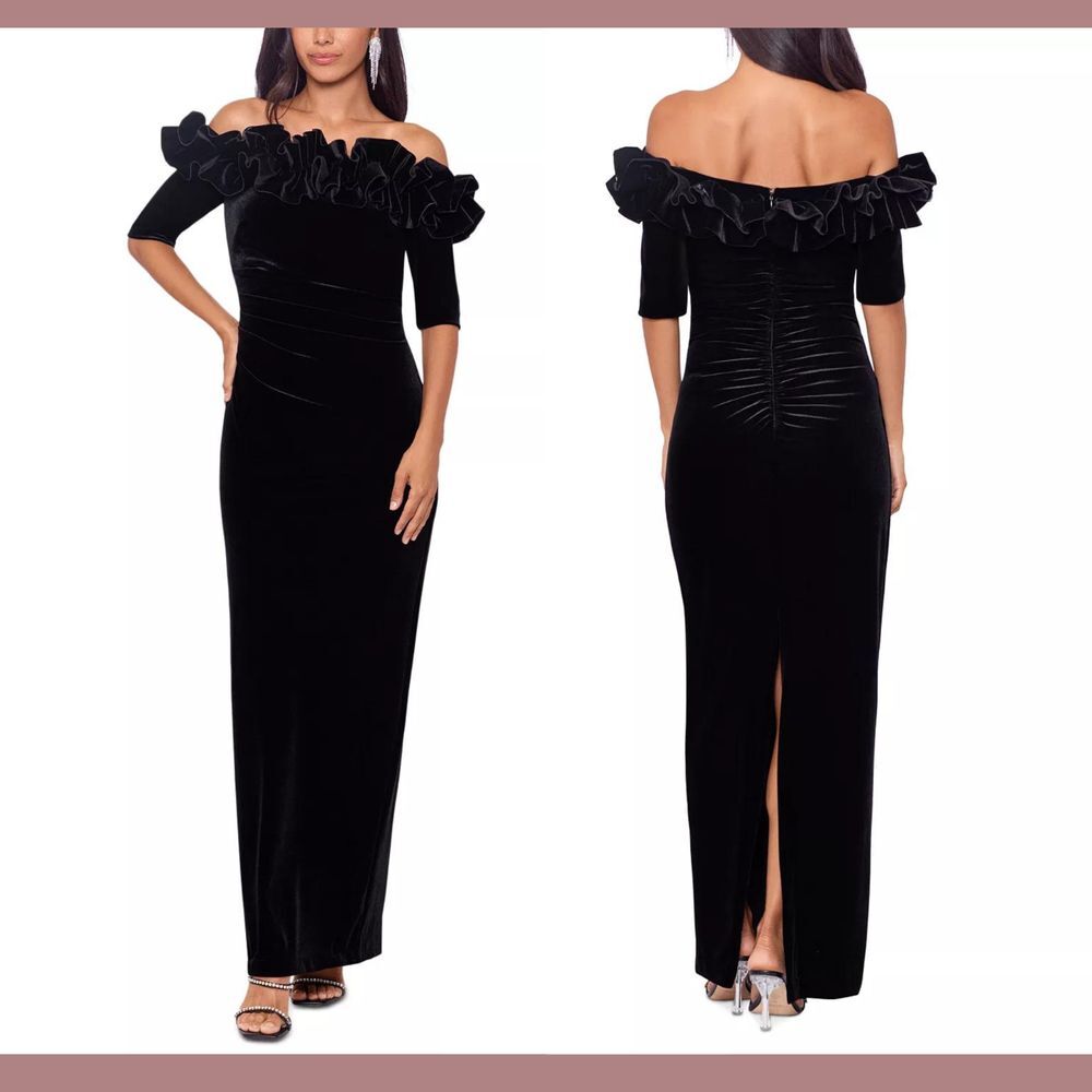NEW $278‎ XSCAPE [ 8 ] Ruffle Off Shoulder Velvet Sheath Gown in Black